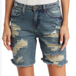 PTCL Women's Distressed High-Rise Denim Mid Thigh Shorts Blue Size 28